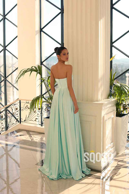A Line V neck Satin Pleats Long Elegant Prom Party Dress with Slit QP1434