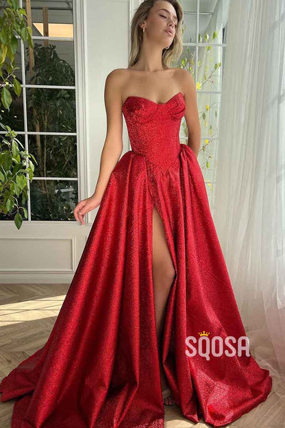 A Line Sweetheart Side Slit Red Long Prom Party Dress with Pockets QP2346