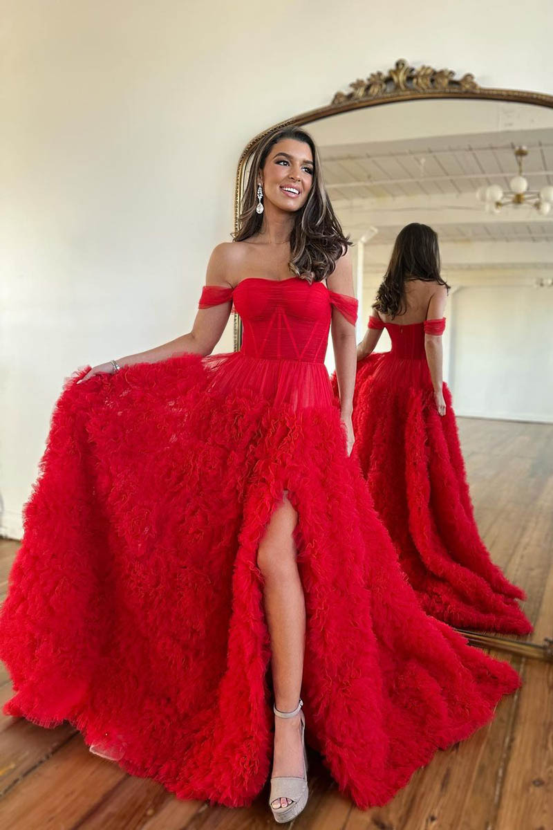A Line Strapless Tulle Ruffles Red Prom Dress Long Homecoming Court Dress QP2306