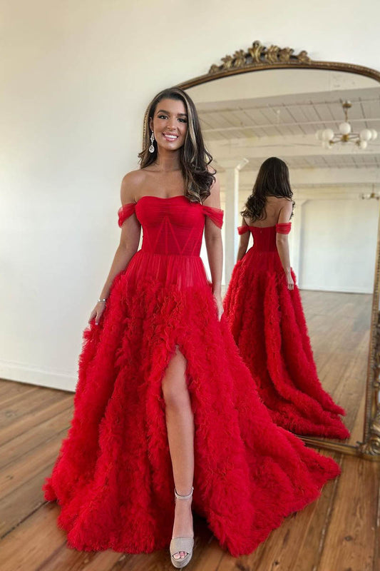 A Line Strapless Tulle Ruffles Red Prom Dress Long Homecoming Court Dress QP2306