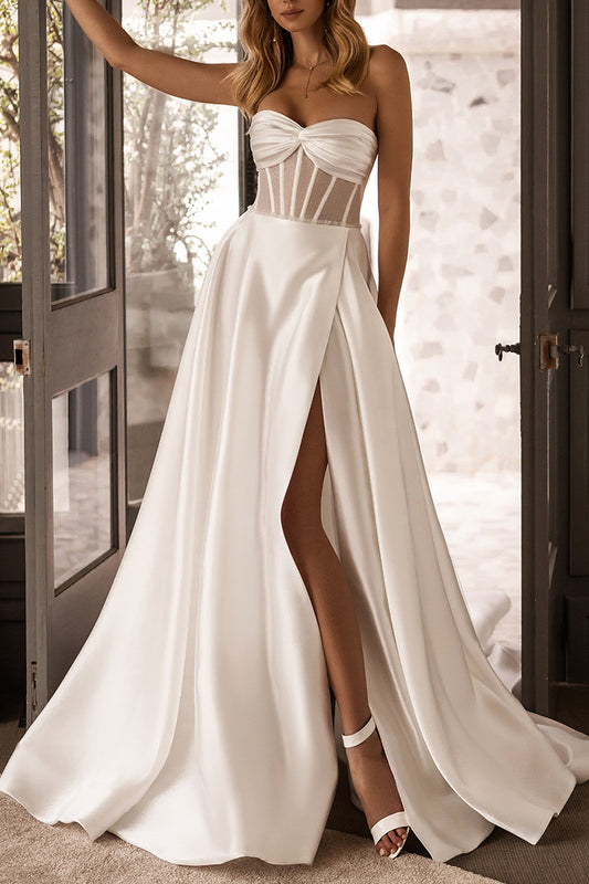 A line Sweetheart High Split Satin Wedding Dress with Pockets QW0833