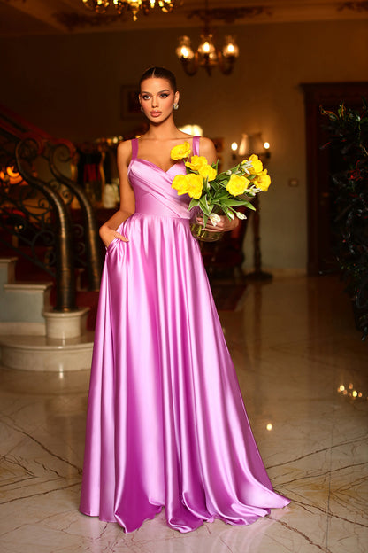 A Line Sweetheart Satin Pleated Long Prom Formal Dress with Pockets QP2090