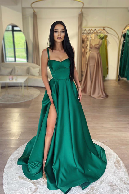 A Line Sweetheart High Split Green Long Prom Dress with Pockets QP1071