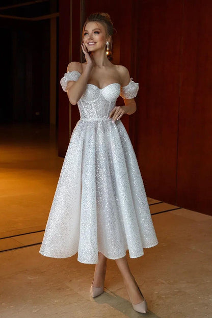 A Line Sweetheart Short Sleeves Sparkly Boho Wedding Dress QW0829