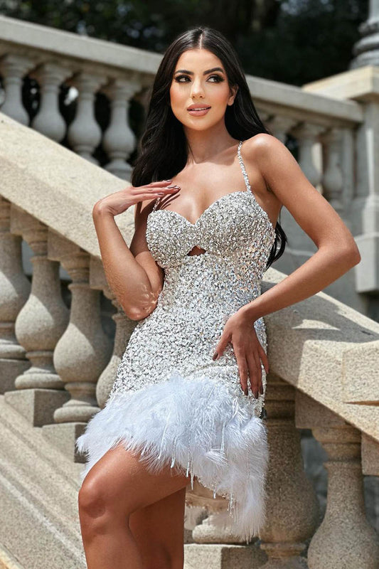 Sheath/Column Sweetheart Feathers Short Party Dress Unique Homecoming Dress QH2482