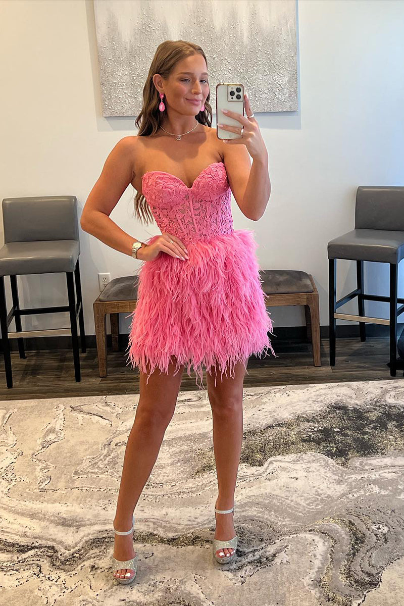 Sheath/Column Sweetheart Lace Appliques Feathers Pink Cute Homecoming Dress QH2328
