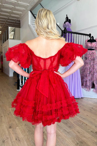 A Lline Off Shoulder Short Sleeves Red Short Homecoming Dress QH2457