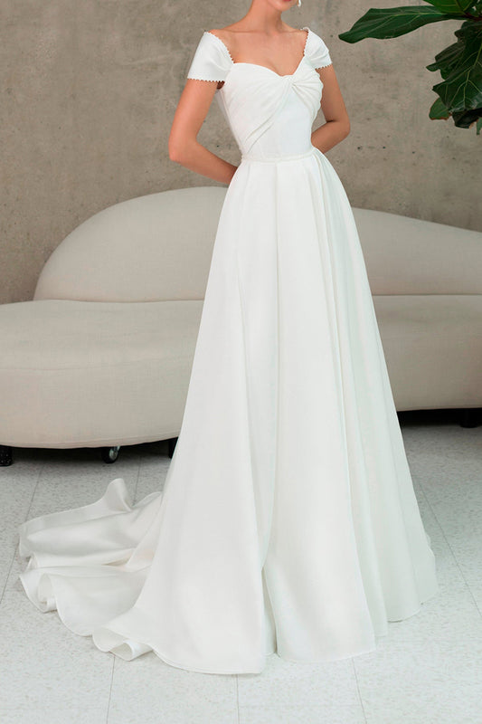 A Line Sweetheart Cap Sleeves Beach Wedding Dress with Slit QW2124
