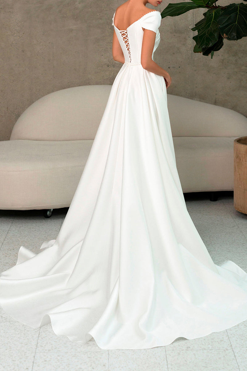 A Line Sweetheart Cap Sleeves Beach Wedding Dress with Slit QW2124