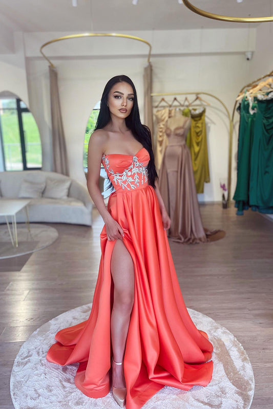 A line Sweetheart Beads Satin Long Prom Formal Dress with Slit QP1012