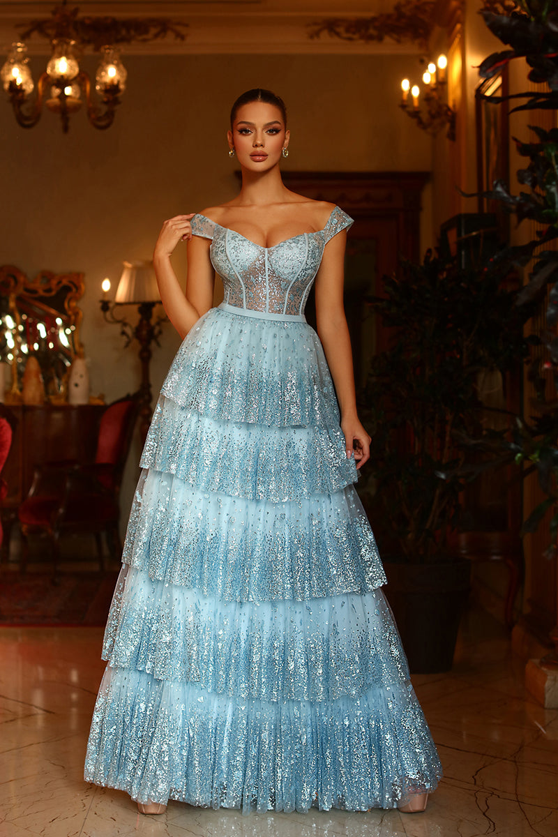 A line Sweetheart Tulle Tiered Long Prom Formal Dresses QP2103