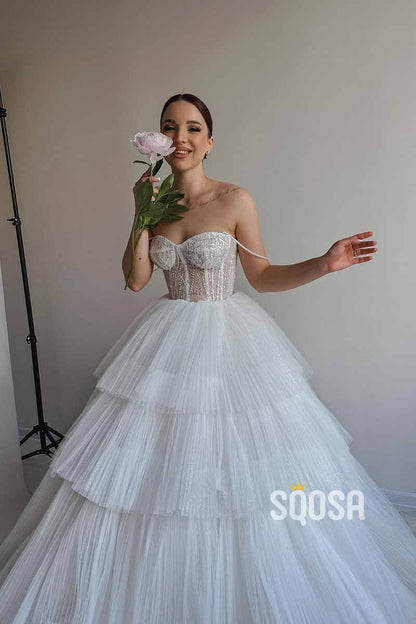 Spaghetti Straps Tulle Ball Gown Elegant Wedding Dress QW2476