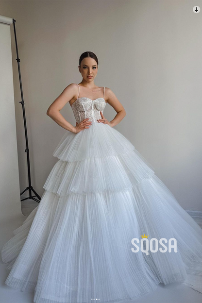 Spaghetti Straps Tulle Ball Gown Elegant Wedding Dress QW2476