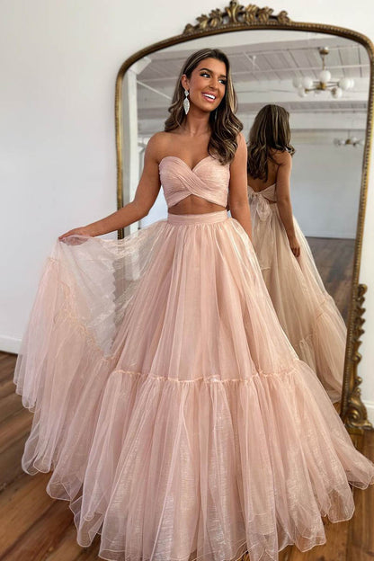 A Line Sweetheart Pleats Two Piece Prom Dress Long Homecoming Dress QP2289