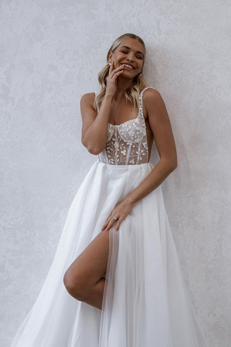 A line Sweetheart Lace Appliques Rustic Wedding Dress with Slit QW2144