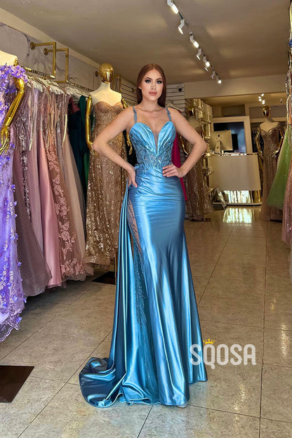 Illusion V necck Lace Appliques Mermaid Prom Party Dress with Slit QP1313