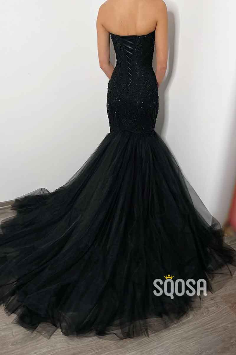 Sexy Deep V neck Beads Black Mermaid Formal Party Dress with Train QP2366