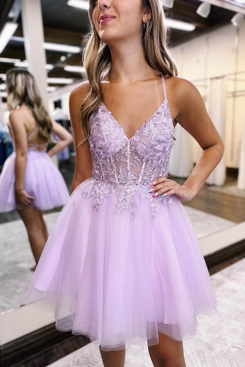 A Line V Neck Lace Appliques Lavender Short Homecoming Dress Cute Graduation Dress QS2168