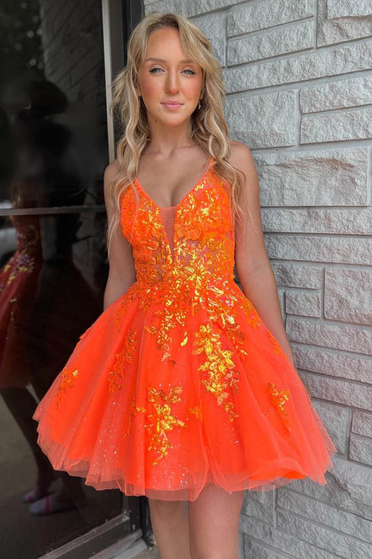 A Line V neck Sequins Appliques Orange Homecoming Dress Short Graduation Dress QH2455