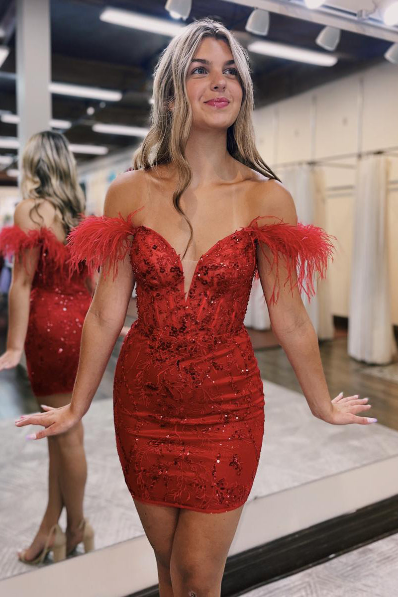 Sexy V neck Feathers Sheath/Column Red Short Homecoming Dress QH2549