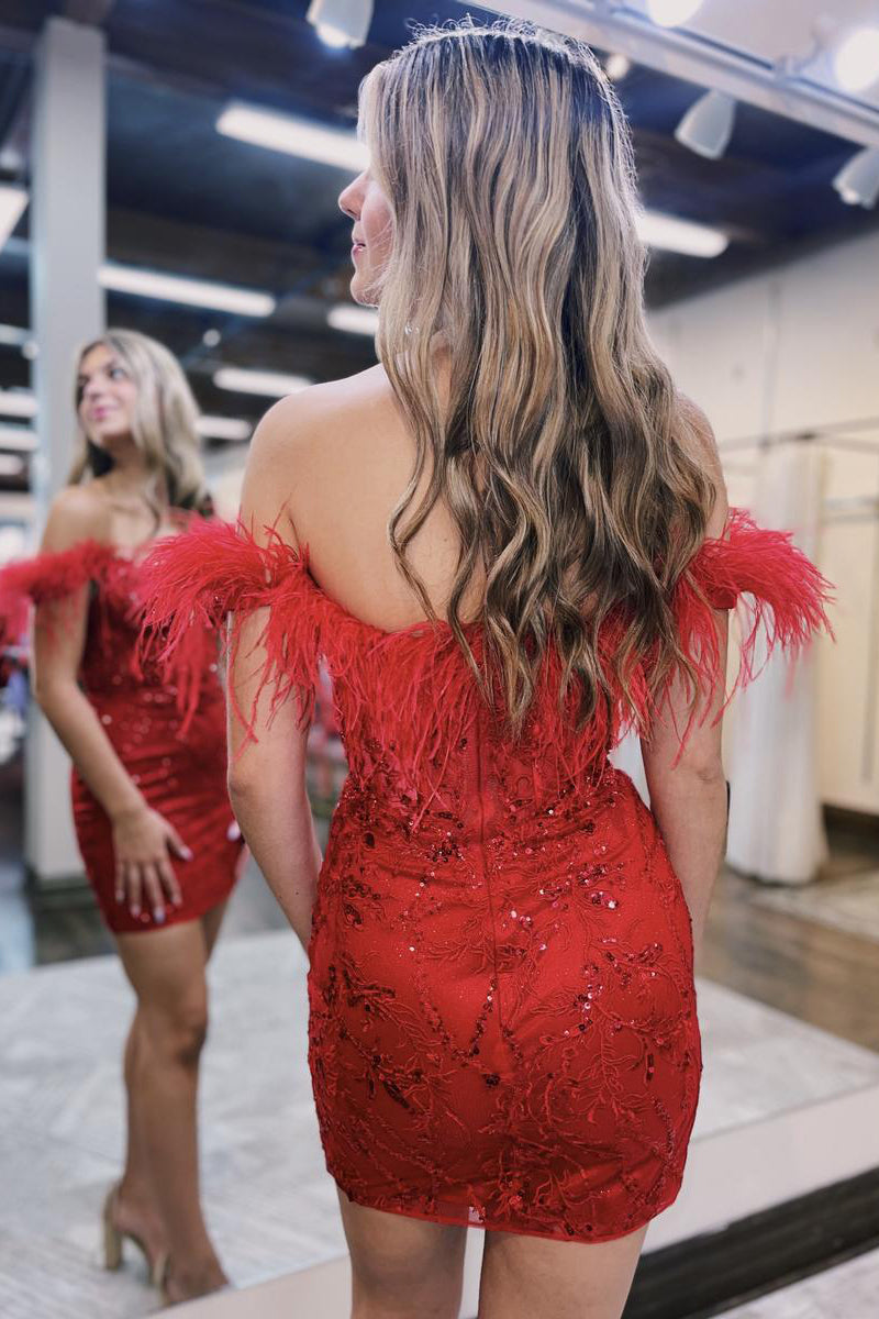 Sexy V neck Feathers Sheath/Column Red Short Homecoming Dress QH2549