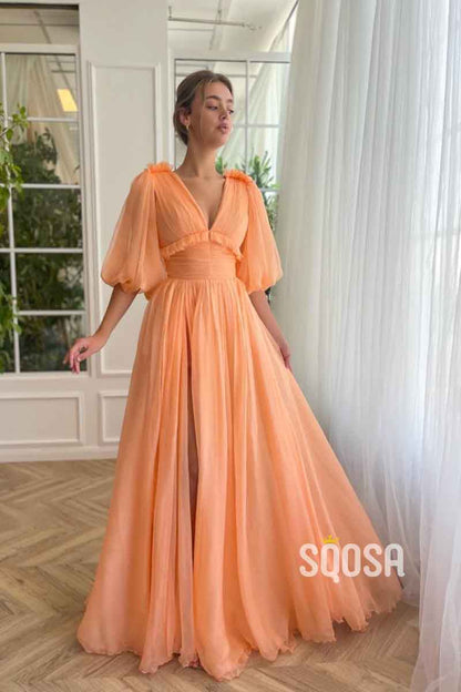 A Line Sexy V neck Half Sleeves Elegant Long Prom Party Dress with Pockets QP2359