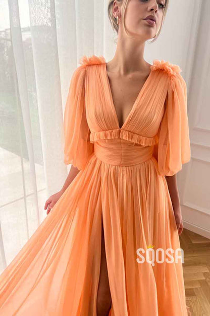 A Line Sexy V neck Half Sleeves Elegant Long Prom Party Dress with Pockets QP2359