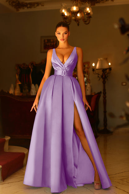 A line V neck Satin Pleats Side Slit Long Prom Formal Dress with Pockets QP2135