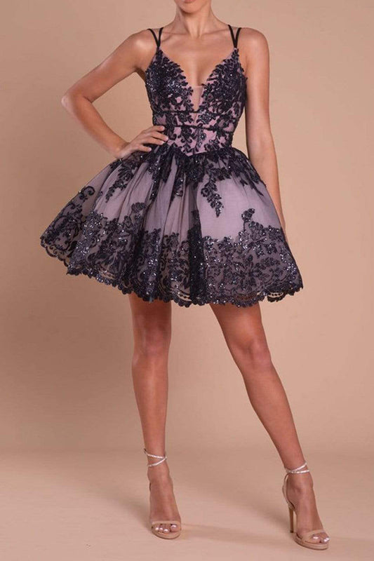 A Line Deep V Neck Black Lace Appliques Cute Homecoming Dress Short Party Gown QH2364