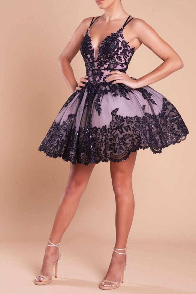 A Line Deep V Neck Black Lace Appliques Cute Homecoming Dress Short Party Gown QH2364