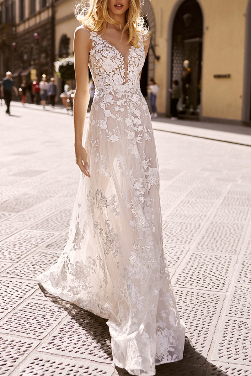 Romantic Allover Lace Wedding Dress Illusio V neck Boho Wedding Gowns QW2399