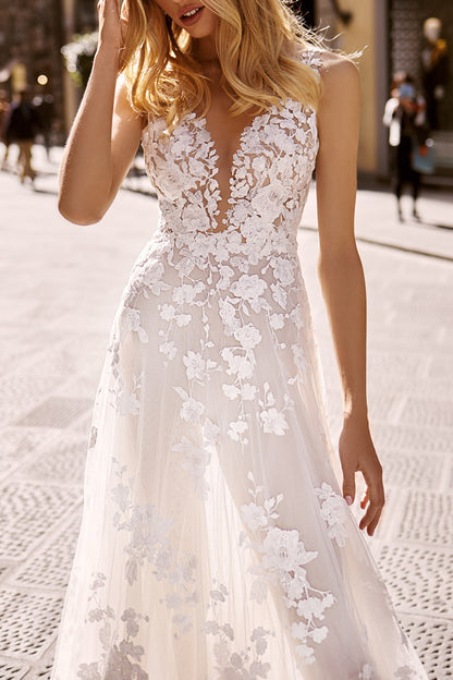 Romantic Allover Lace Wedding Dress Illusio V neck Boho Wedding Gowns QW2399