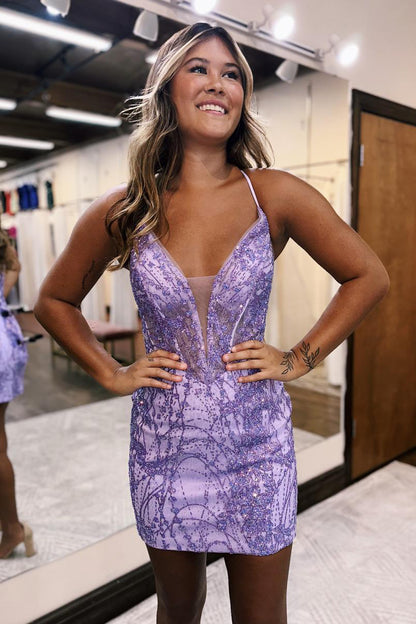 Sexy Deep V neck Sequins Lace Short Homecoming Dress QH2540