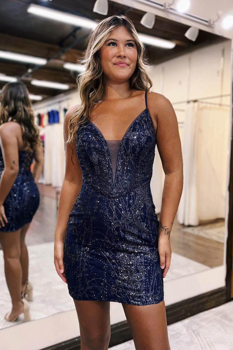 Sexy Deep V neck Sequins Lace Short Homecoming Dress QH2540