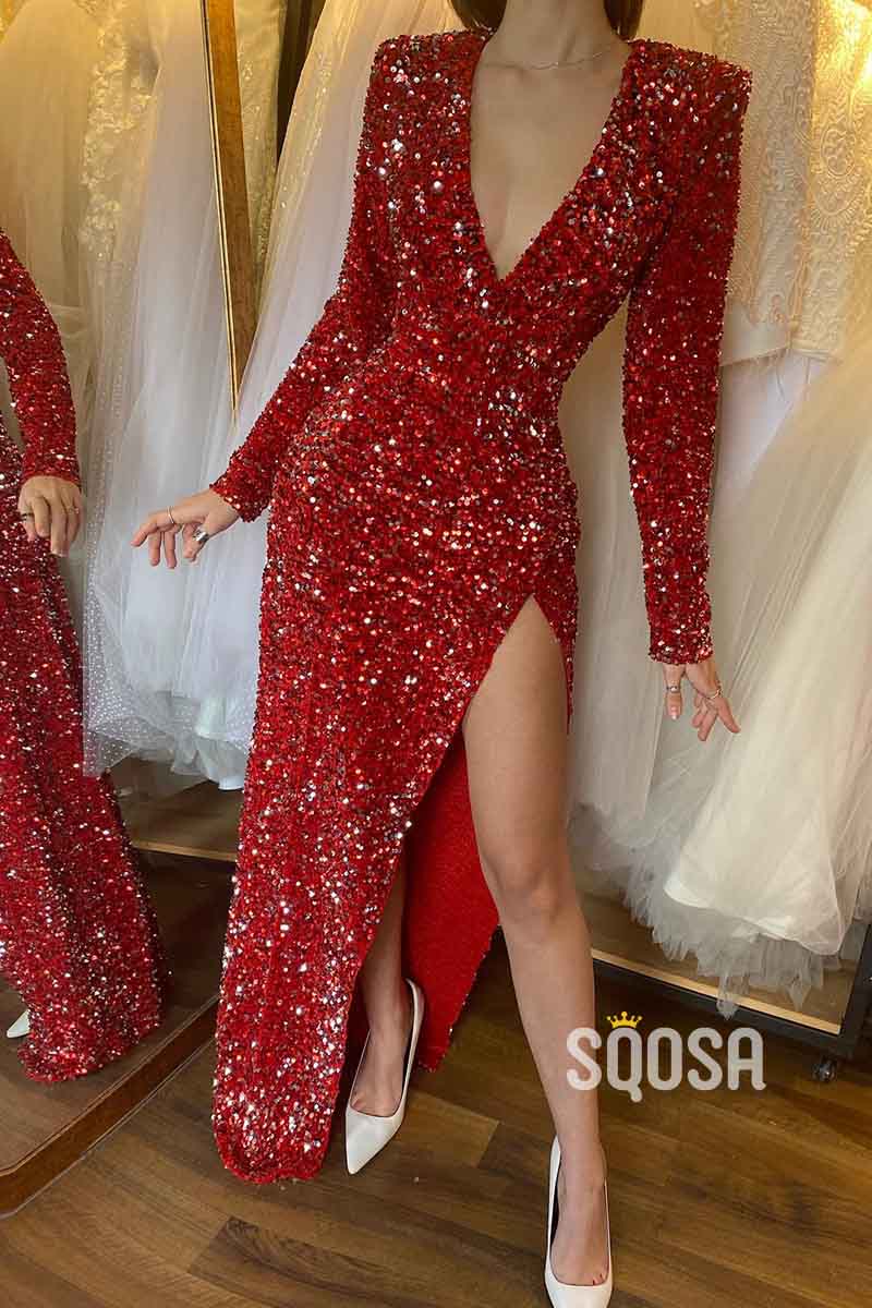 Sexy Deep V neck Long Sleeves Sequins Sparkly Prom Party Dress with Slit QP2124