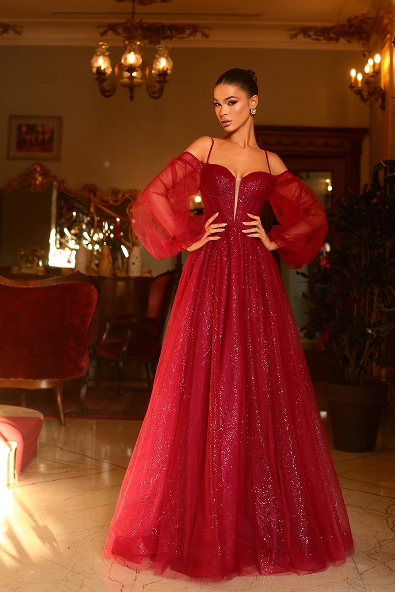 A Line Illusion V Neck Long Sleeves Sparkly Prom Formal Dress with Slit QP2120