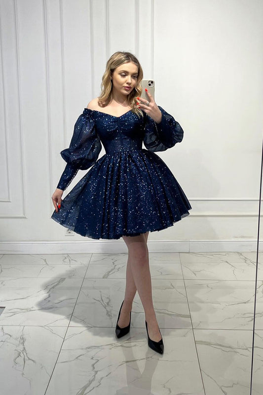 A Line V Neck Long Sleeves Sparkly Prom Dress Short Homecoming Dress QH2493
