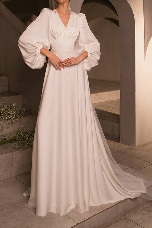 A Line V neck Long Sleeves Satin Simple Wedding Dress with Sweep Train QS2124