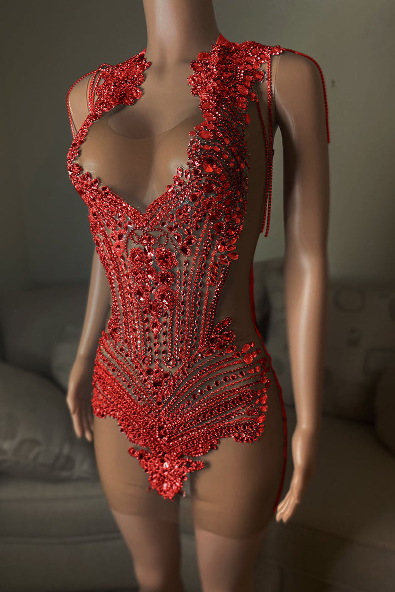 Illusion V neck Luxury Beads Short Homecoming Dress for Black Women QH2513
