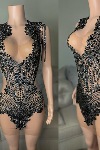 Illusion V neck Luxury Beads Short Homecoming Dress for Black Women QH2513