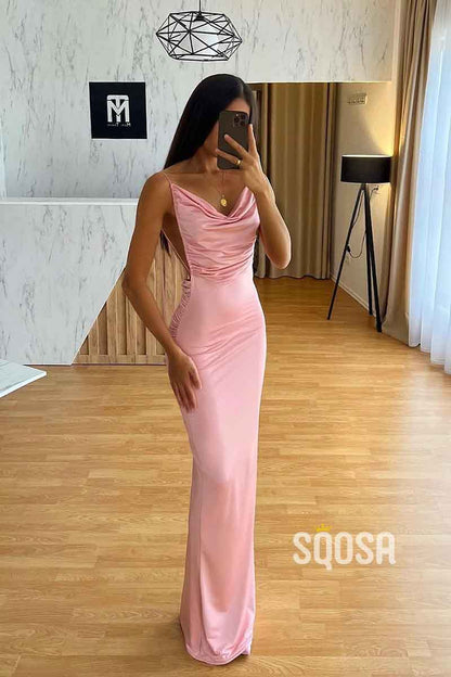 Spaghetti Straps Pleats Pink Long Pink Wedding Guest Dress QP2355