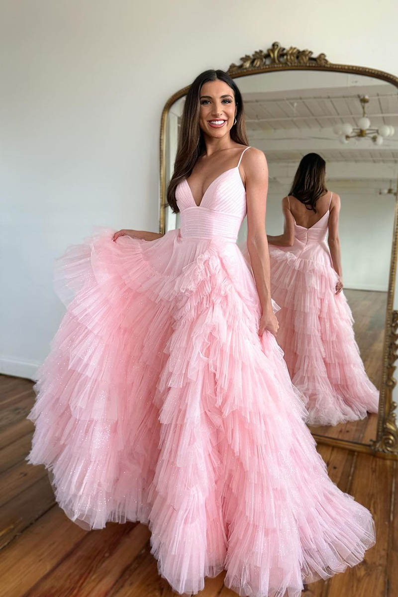 A Line V neck Tulle Ruffles Pink Homecoming Dress Long Homecoming Court Dress QP2310