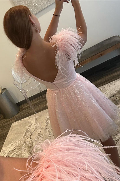 A Line V Neck Feathers Pink Cute Homecoming Dress QH2316