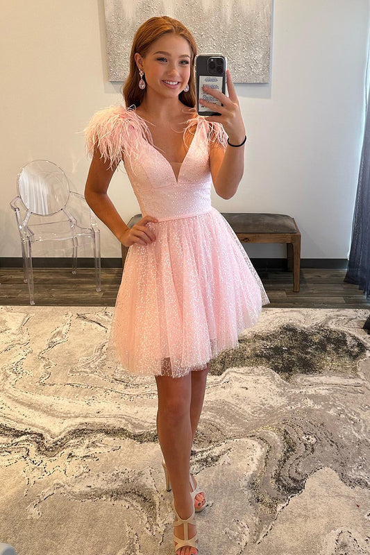 A Line V Neck Feathers Pink Cute Homecoming Dress QH2316