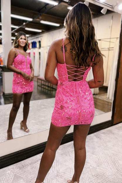 Sexy Deep V neck Sheath/Column Pink Short Homecoming Dress QH2533