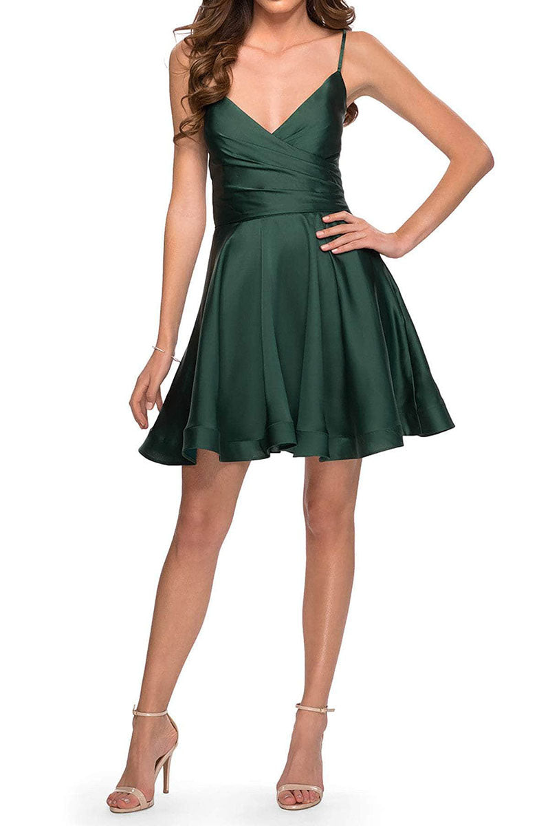 A line V Neck Pleats Short Homecoming Dress Party Gown QH2367