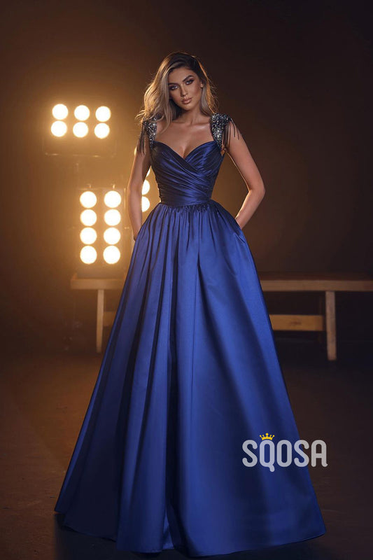 A Line Beads Straples Long Prom Party Dress with Pockets QP1323