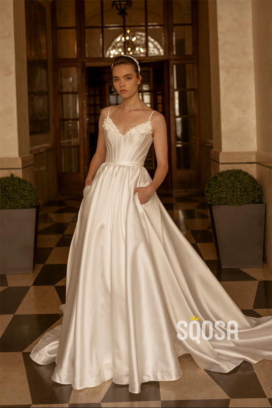 A Line Spaghetti Straps Satin Elegant Wedding Dress with Pockets QW2485