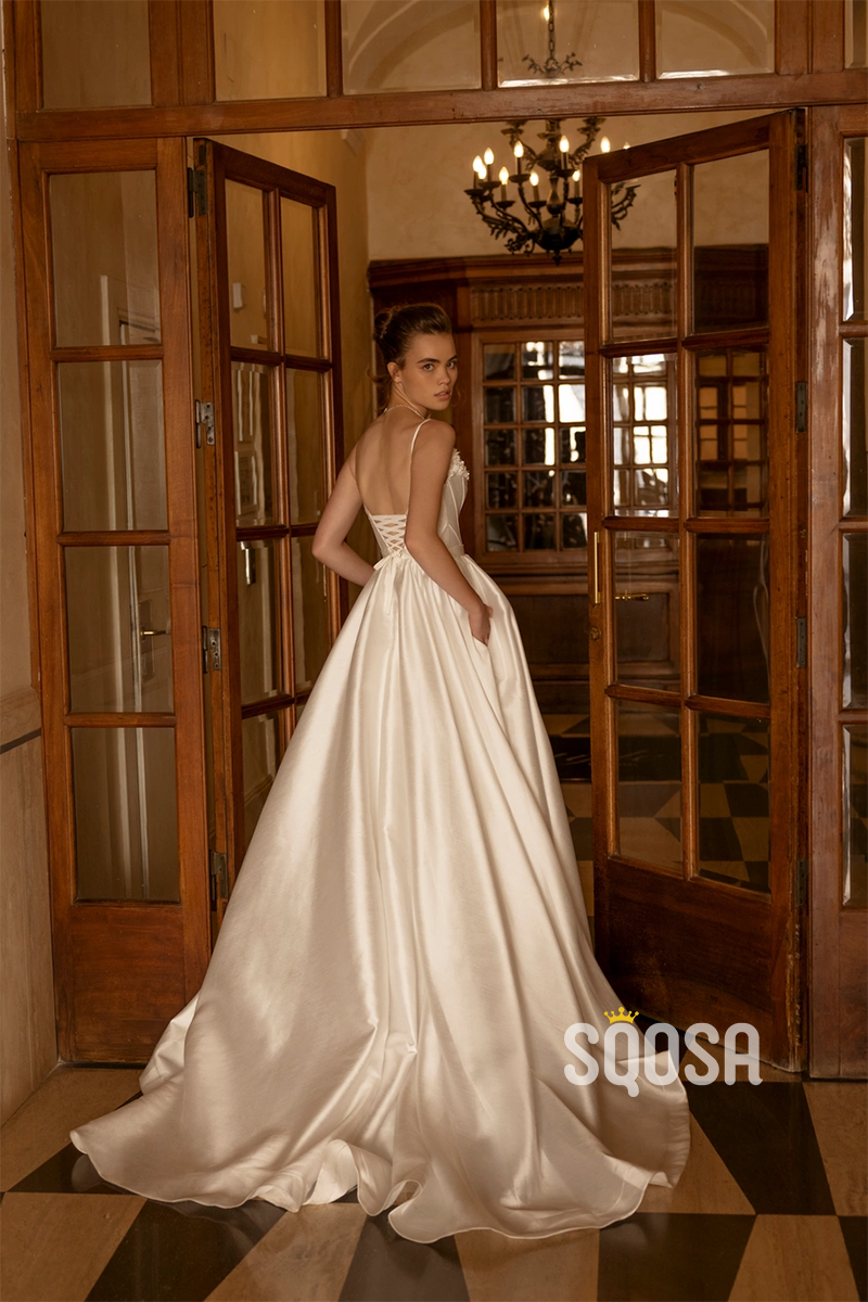 A Line Spaghetti Straps Satin Elegant Wedding Dress with Pockets QW2485