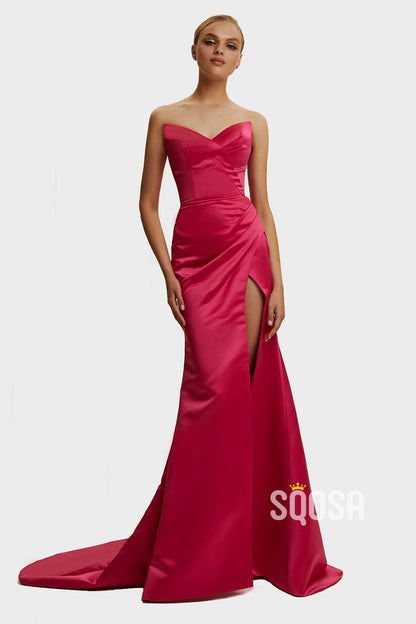 Sheath/Column Sweetheart Satin Pleats Long Prom Party Dress with Slit PW1350